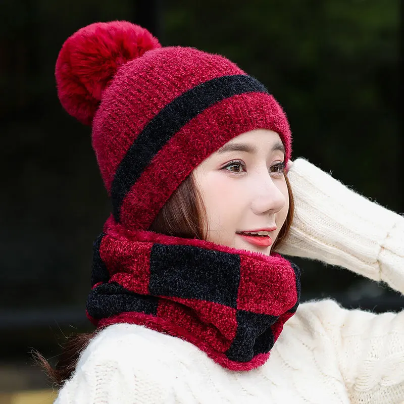 Осень зима искусственный мех кролика шапка набор Толстая теплая женская шапка шарф 2 шт наборы - Цвет: 31
