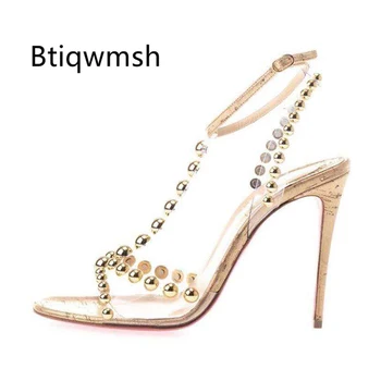 

Retro Rivet PVC Sandals Women Open Toe Gold Rhinestone T-strap High Heel Shoes Woman Sexy Party Shoes