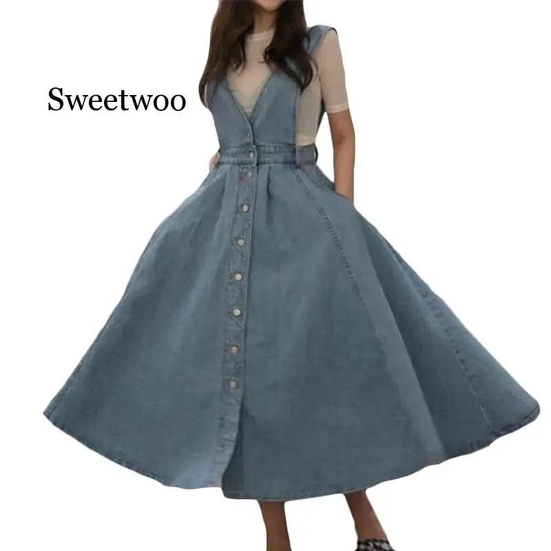 

Summer Autumn Women Denim Dress Sundress Casual Loose Overalls Dresses Female Solid Adjustable Strap Jeans Dress