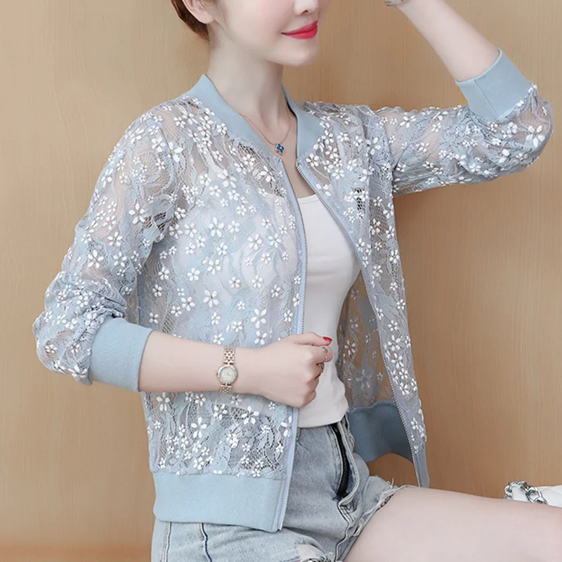 

Однотонная белая кружевная Солнцезащитная женская одежда весна-лето бейсбольная куртка на молнии ветровка пальто Верхняя одежда 2022