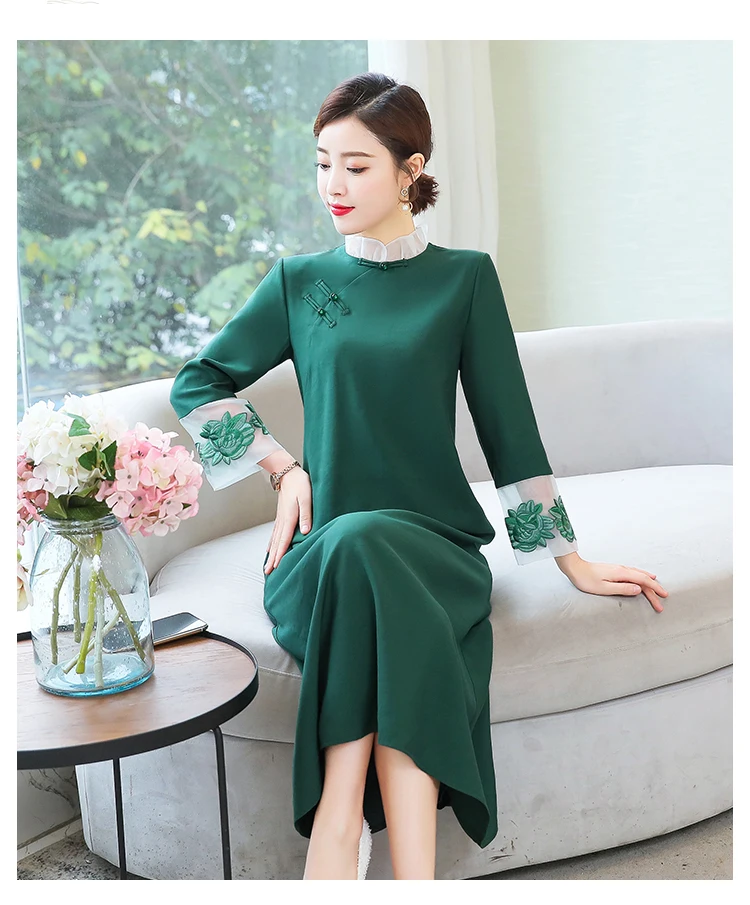 Винтажное зеленое платье свободного кроя Cheongsam модное весеннее и осеннее Новое Женское платье в этническом стиле Hanfu размера плюс одежда