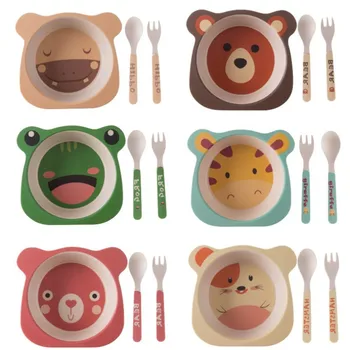

Baby 3 Pcs/Set Tableware Set Child Bowl Fork Spoon Animal Anti-fall Bamboo Fiber Tableware Feeding Partition Dishes Dinnerware