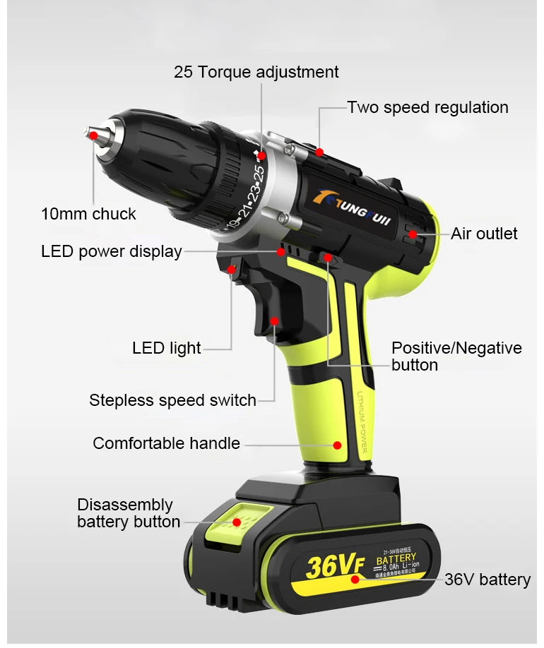 36VF литиевыми батареями электродрель отвертка светодиодный 25-Скорость Крутящий момент Двойной Скорость Водонепроницаемый Мощность инструменты