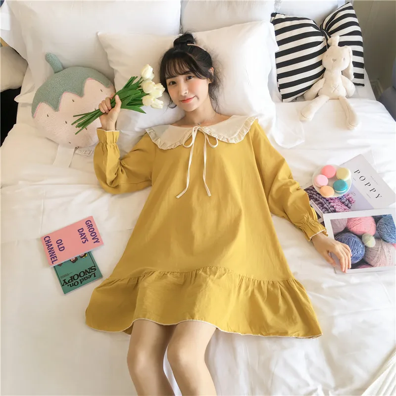 

Spring And Autumn Nightgown WOMEN'S Long Sleeve Princess Style Sweet Midi-skirt Tatting Pure Cotton Students Casual GIRL'S Home