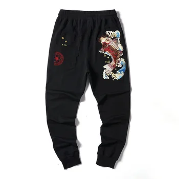 

Chinese Style Carp Embroidery Cargo Pants Men Black High Waist Pocket Trousers Streetwear Male Joggers Sweatpants