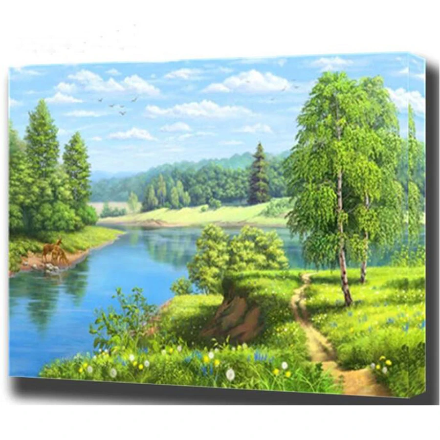 

Diamond painting cross stitch forest spring landscape diamond embroidery natural lake tree bead 3d picture of rhinestones AA1858