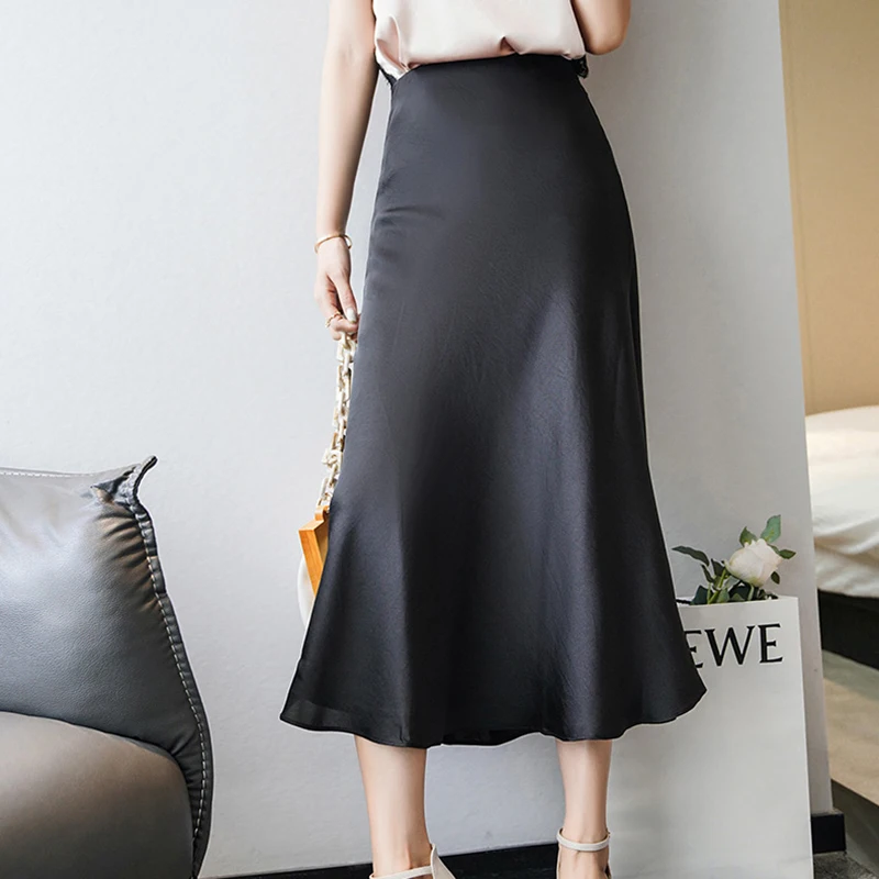 

Mulberry Silk Long Skirt Korean Fashion Women Office Elegant High Elastic Waist Bodycon Ruffle Satin Alina Black Midi Skirt 2021