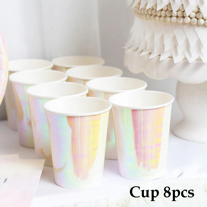 cup 8pcs Розовое золото одноразовые наборы посуды бумажные тарелки/стаканчики/соломинки радужные Свадебные украшения для дня рождения вечерние принадлежности - Цвет: cup 8pcs