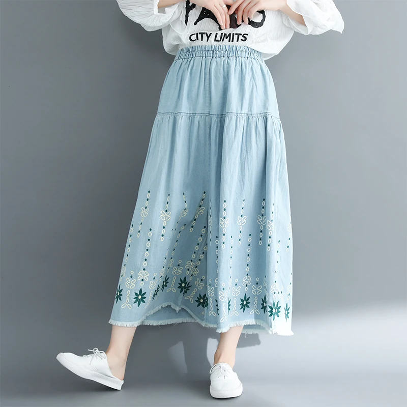 Spring Autumn Plus Size Women Jeans Elastic Waist Light Blue Floral Print Wide Leg Pants Washed Cotton Denim Elegant Lady Jeans