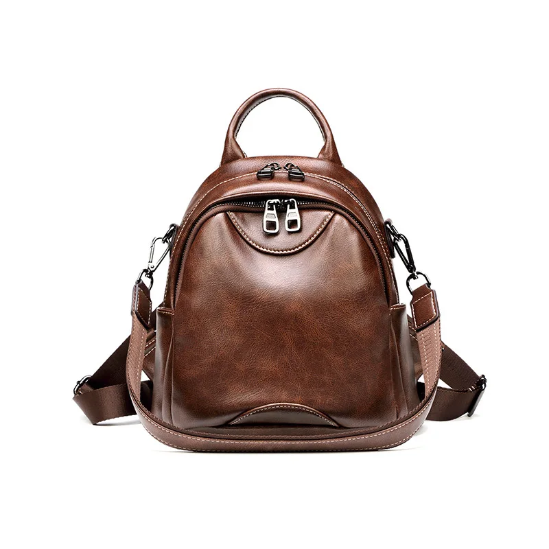 

Women vintage small backpack wax leather soft PU waterproof black brown casual shoulders bag with tote