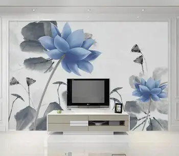 

CJSIR Custom Photo Mural Wallpaper Hand Painted Ink Blue Lotus Cafe TV Background Wall Painting 3d Wallpaper Papel De Parede
