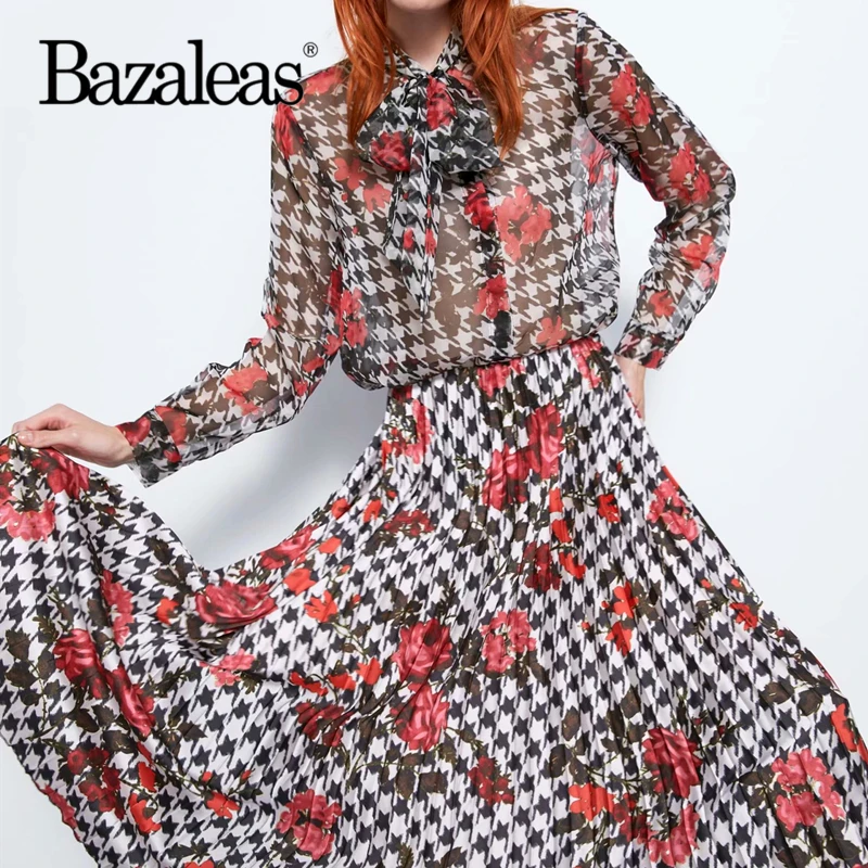 

Dropshipping Vintage Blouse and midi skirt 2 piece set women Houndstooth Floral Patchwork two piece set Chic tracksuit women