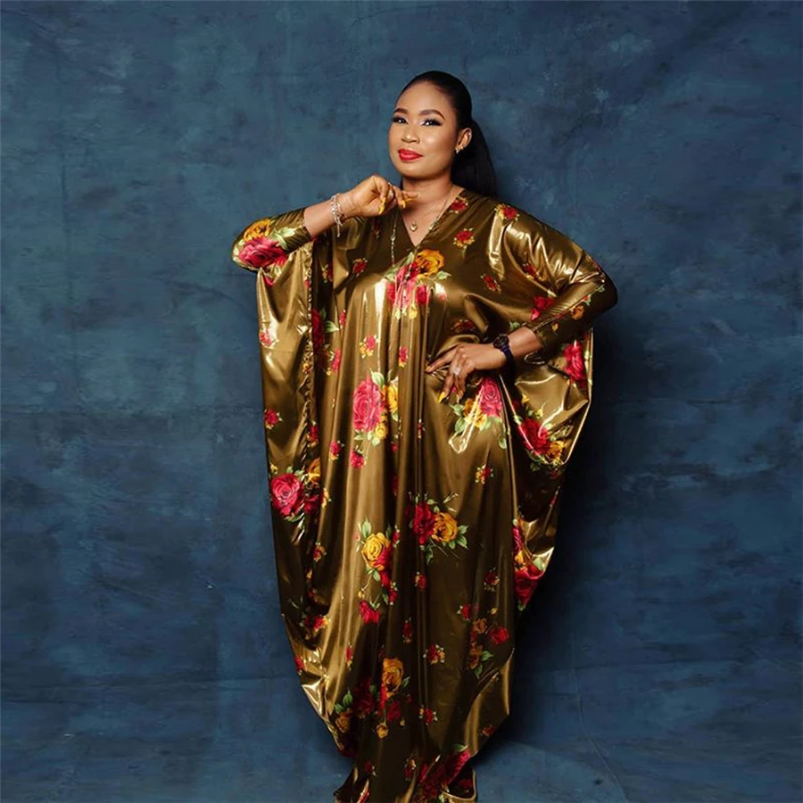

BAIBAZIN Africa dress Classic retro style extra large size simulation silk small V-neck European and American casual burst skirt