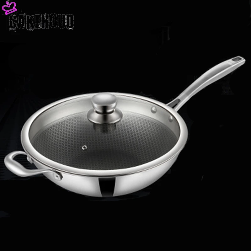 

CAKEHOUD 34cm Household Non-stick Pan Smokeless Wok Kitchen Cooking Pan Glass Cover Long Handle Gas Cooker Universal Cookware
