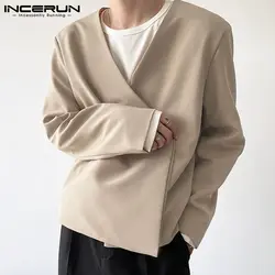 Fashion Men Blazer Solid Color V Neck Lace Up Streetwear Leisure Suits Men Long Sleeve 2021 Korean Casual Thin Coats 5XL INCERUN