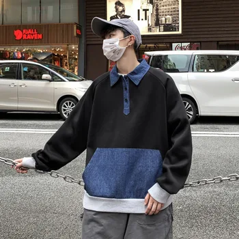 

2019 Autumn And Winter New Korean Men's Japanese Loose Denim Stitching Shirt CollarPlus Velvet Street Casual Pullover