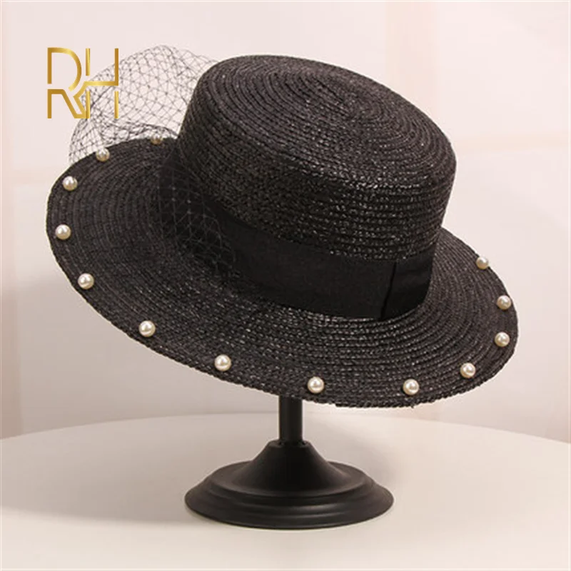 Летние женские шляпы от солнца на плоской подошве, соломенная черная шляпа в стиле Панамы с жемчужинами и кружевами, Пляжная Шляпа-федора, кепка для девушек, RH