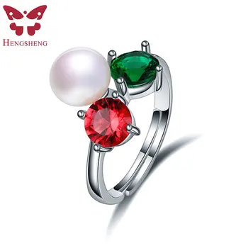 

Green Red Zircon Genuine Natural Pearl Ring, 925 Sterling Silver Rings for Women Wedding Ring Wedding Rings Silver 925 Jewelry