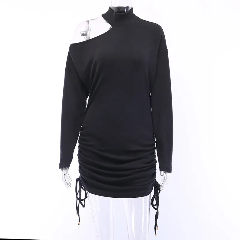 Hugcitar, сексуальное мини-платье с длинными рукавами и открытыми плечами, осенне-зимние женские плиссированные вечерние уличная одежда - Цвет: Черный