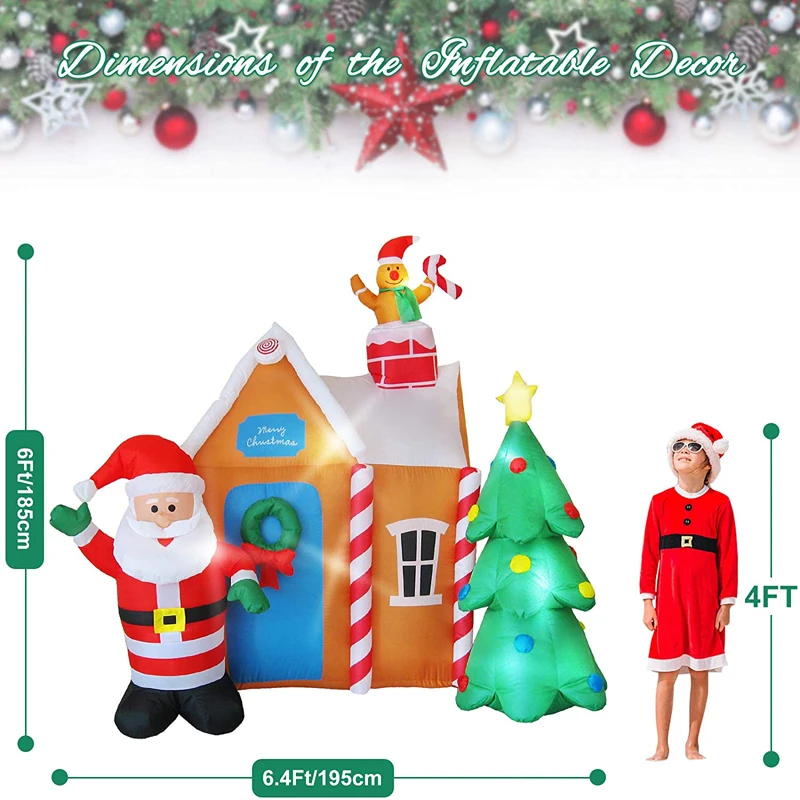 6 Ft Christmas Inflatable Santa's House with Christmas Tree & Gingerbread Man LED Blow Up Yard Decorations Christmas Party Toys 2