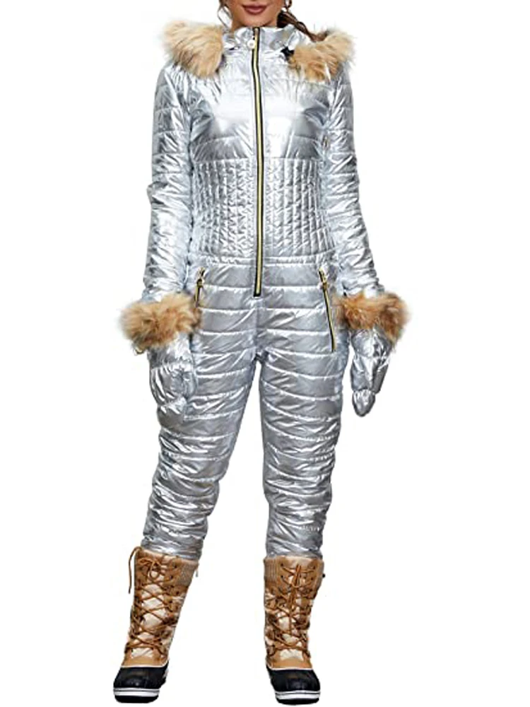 High Experience Women's Winter Fur Hood Chic One Piece Ski Jumpsuit