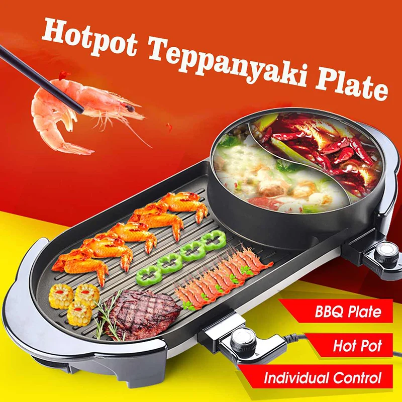 Portable Home Electric Hot Pot Cooking Machine， The New Korean Style Indoor Barbecue Grill BBQ Baking Pan Large Teppanyaki Electric Grill Non-Stick Oven Smokeless Electric Baking Pan Multi-function 2i 