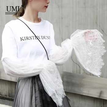 

UMI spring harajuku fashion japan and korean casual elegant white lace mesh splicing loose flared sleeves cotton t-shirt women