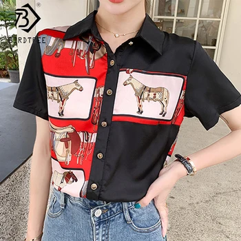 

Print Casual Shirts For Women 2020 Summer Turn-down Collar Short Sleeve Single-breasted Blouses Loose Tops T05313K
