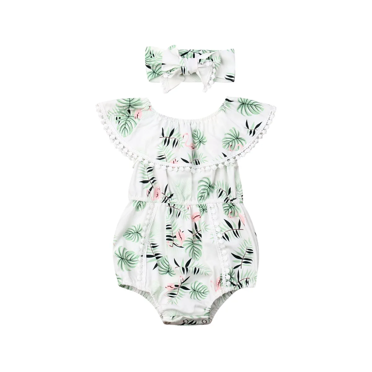 

Lovely Newborn Baby Girl Boys Flamingo Bodysuits Headband Clothes Ruffle Sleeve Tassel Jumpsuit Summer Outfit Set