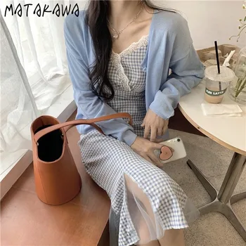 

MATAKAWA 2 Piece Outfits for Women Sexy Lace Stitching Plaid Suspender Dress + Blue Thin Knit Cardigan Sun Protection Clothing