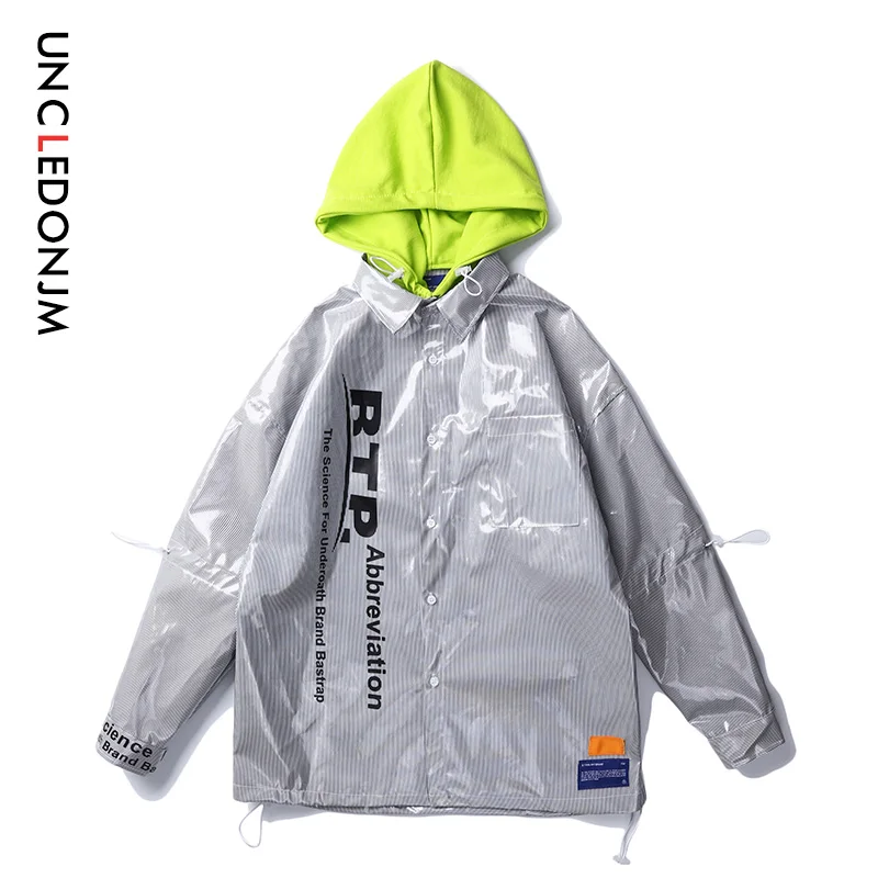 

UNCLEDONJM Brand 2019 NEW younger casual pvc striped turn-down collar patchwork full length sleeves men jacket 617W