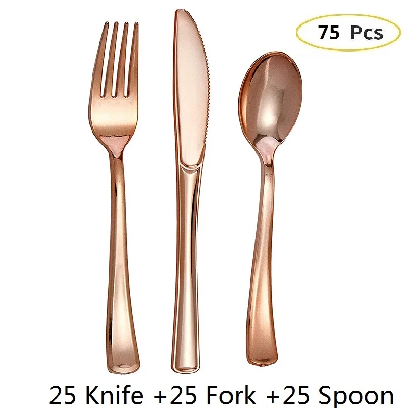 75pcs Rose Gold Plastic Disposable Cutlery Dessert Knives Forks Ice