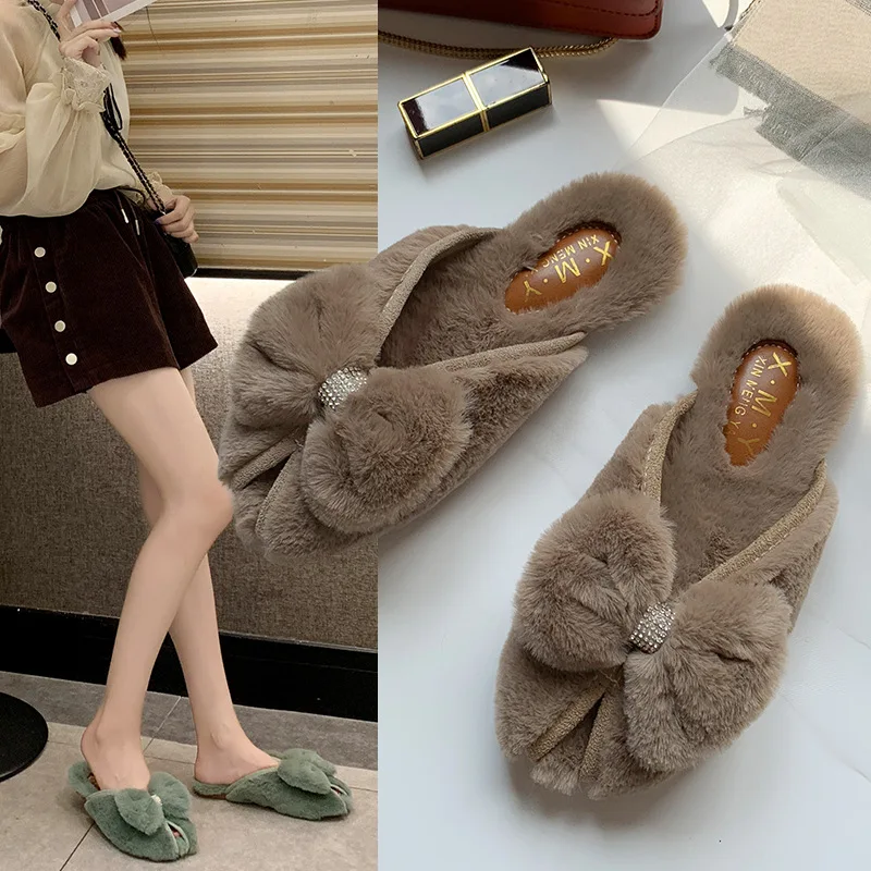 

Plush Slipper Women's Outer Wear 2019 Autumn And Winter New Style Korean-style Versatile Bow snnei wang Red Flat Fluffy Shoes Fa