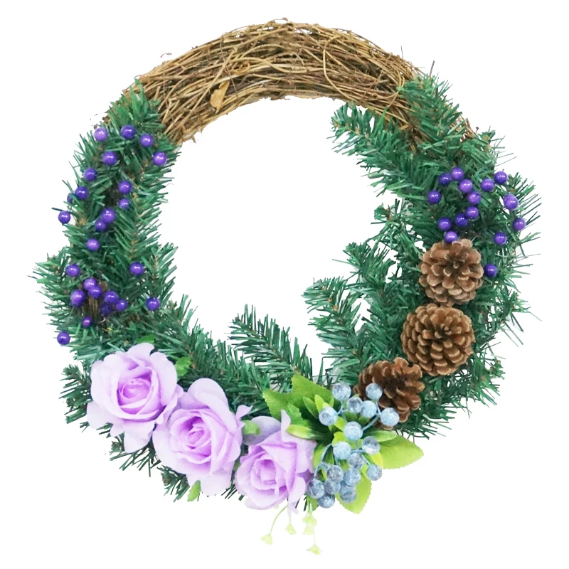 

Christmas Wreath 40cm Purple Rose and Pine Cone Garland Door Wreath Hanging Wall Window Decoration for Home Farmhouse Decor