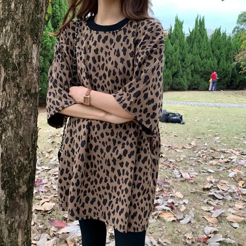 

New Design Famele T-Shirt Medium Length Harajuku Leopard Loose Short Sleeve T-Shirt For Women Pullover Basic Shirts Tops
