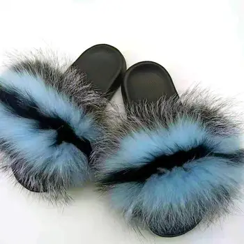 

Fashion Furry Slides Summer Woman Fox Fur Slippers Real Fur Sandals Sexy Fluffy Shoes Animal Slippers Fluffy Flip Flops Female