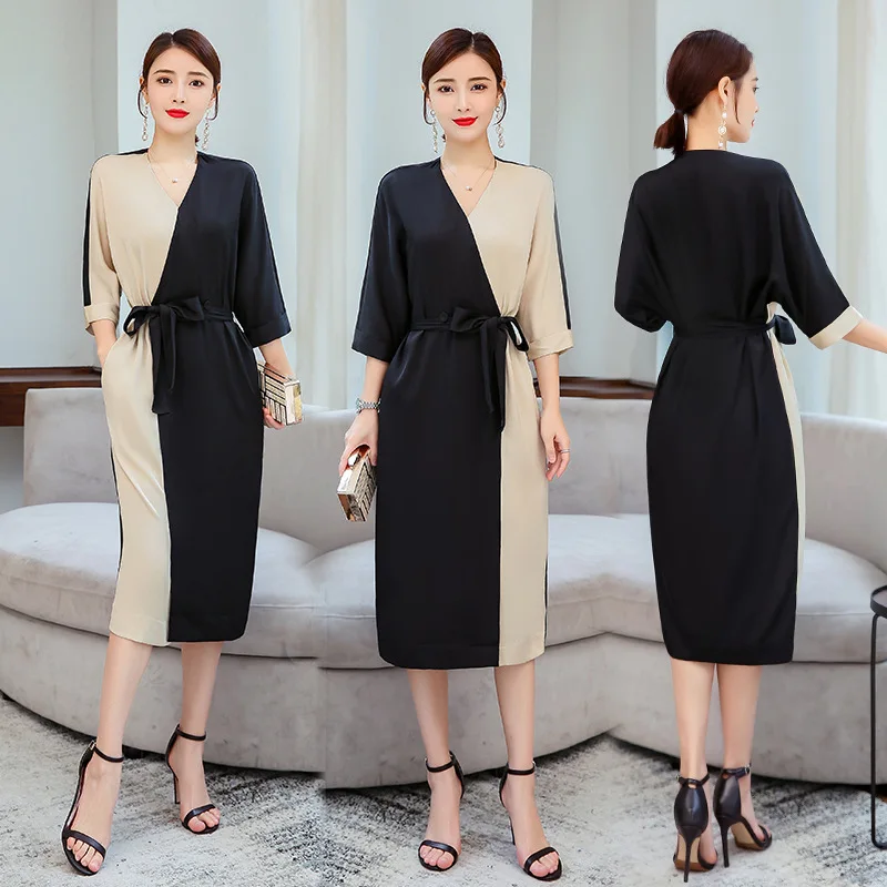 

2019 Summer Wear New Style Ozhouzhan Waist Hugging Long Retro Color Matching Mid-length Dress Women's