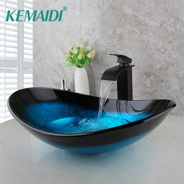 KEMAIDI умывальник из закаленного стекла, ручная роспись, водопад, излив, Черный кран, раковина для ванной комнаты, умывальник, латунный набор, смеситель, краны - изображение