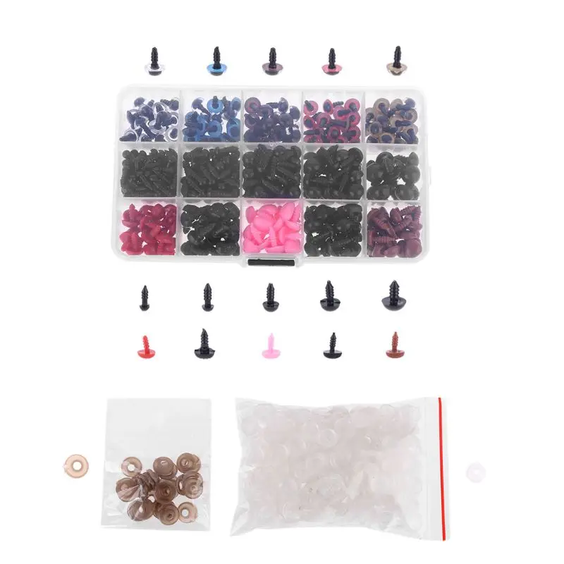 

376 Pcs Colorful Plastic Crafts Safety Eyes Nose 15 Grid 5-12mm Kit with Washer