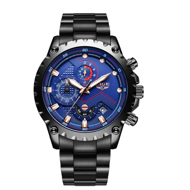 Black blue S LIGE, новые модные синие мужские часы из нержавеющей стали, Топ бренд, Роскошные водонепроницаемые кварцевые часы, мужские спортивные часы с циферблатом и датой, Хронограф+ коробка - Цвет: Black blue S