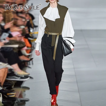 

TWOTWINSTYLE Hit Color Two Piece Set For Women Lace Up Lantern Sleeve Shirt High Waist Pants Female Sets 2020 Autumn Fashion New