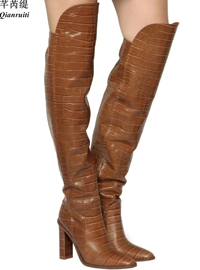 Qianruiti Alligator Overknee Boots Fashion Show Embossed Leather High Heels Pointed Toe High Heels Crocodile Boots Women