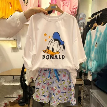 

Ladies 2Pcs Summer Sleepwear Set Short Sleeve T-shirt Shorts Leisure Wear Round Neck Print Cartoon Loungewear S007