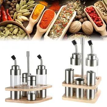 

Seasoning Bottle Set With Wooden Rack Translucent Pepper Bottle Holder Kitchen Tools For Oil Salt Vinegar Soy Sauce Storage