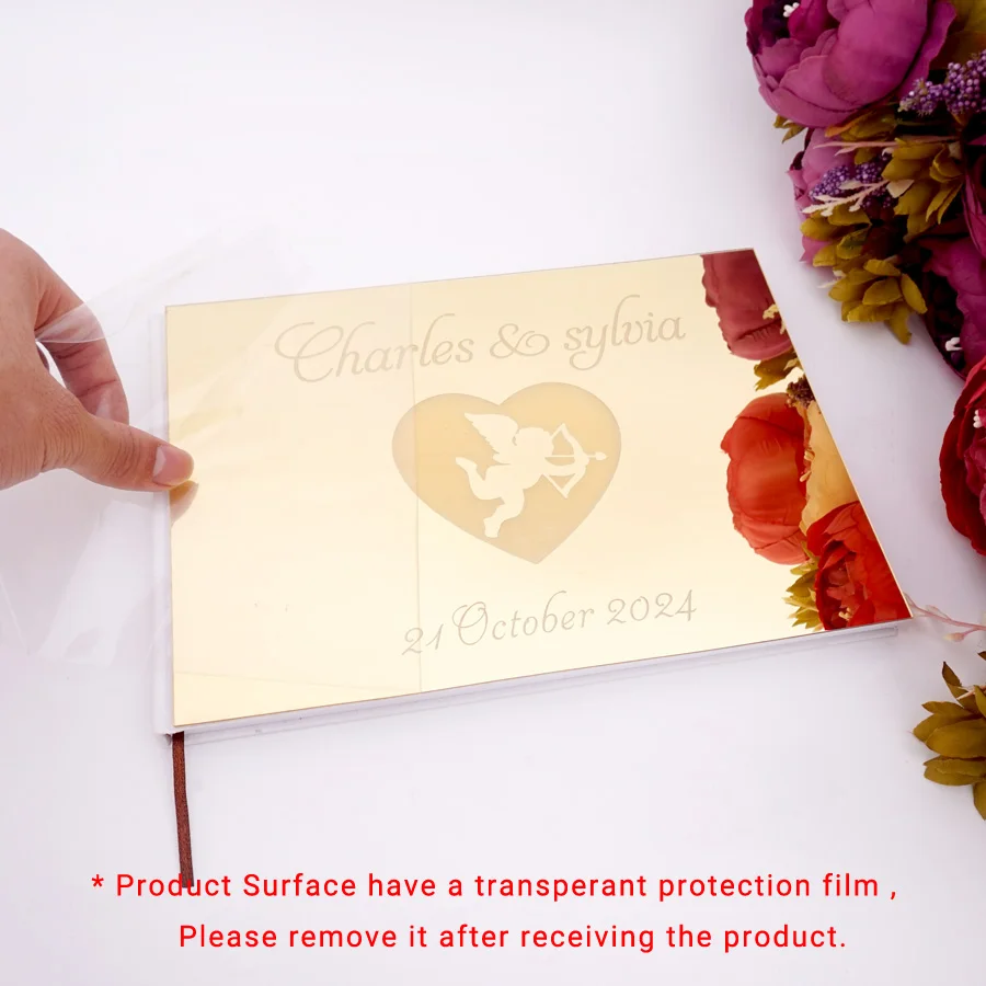 25*18cm Romantic Cupid Heart Style Wedding Signature Guest Book Acrylic Mirror Cover Personalized Blank Pages Party Gift