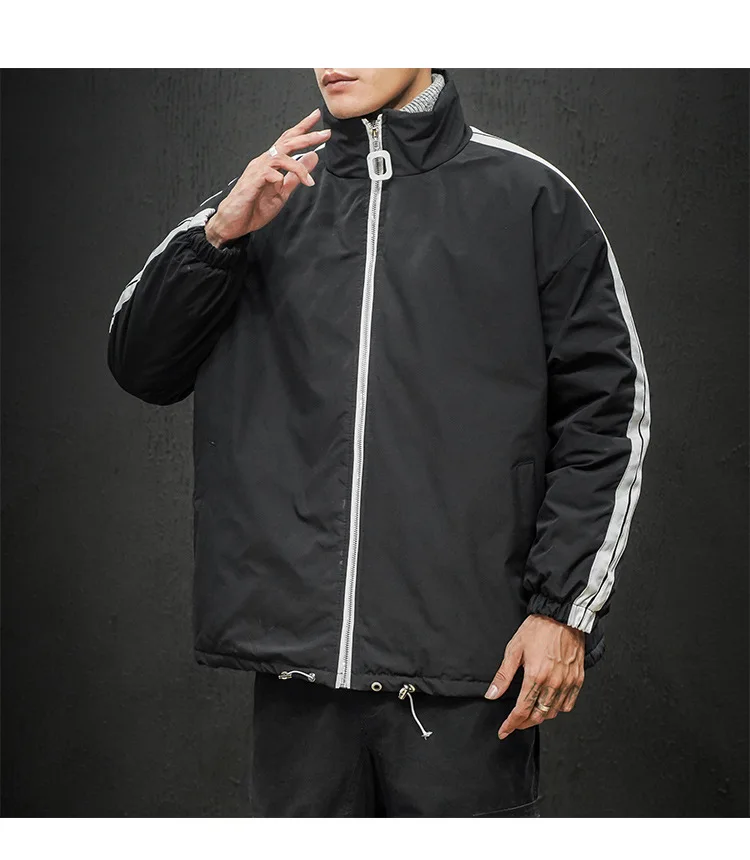Winter New Style Men Casual Cotton-padded Jacket Trend Versitile Fashion Contrast Color Stripes Printed Stand Collar Cotton