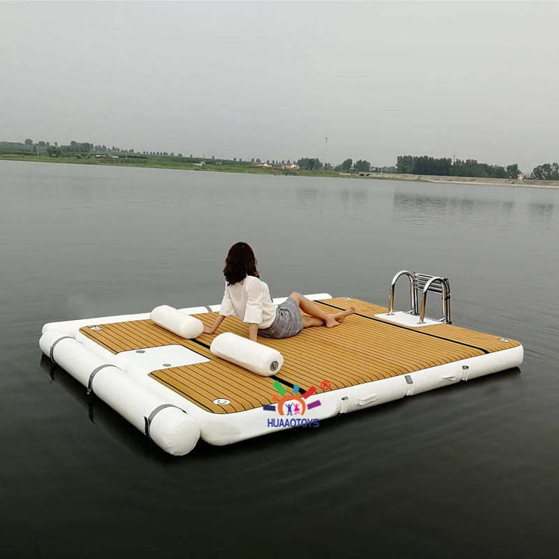 

Drop stitch 3x2m water floating mat inflatable raft teak leisure platform jet ski dock with stainless ladder