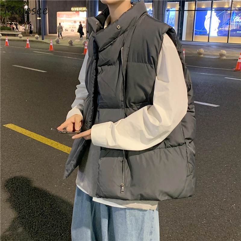 

Парка мужская без рукавов, однотонная зимняя мешковатая Стильная универсальная уличная одежда с воротником-стойкой, на молнии, в стиле Харадзюку, Ins