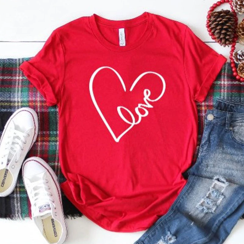 

Women Fashion Clothing Summer Red Tshirt Love Heart Graphic T-shirt Valentine's Day Gift For Her T Shirt Retro Funny Tees Tops