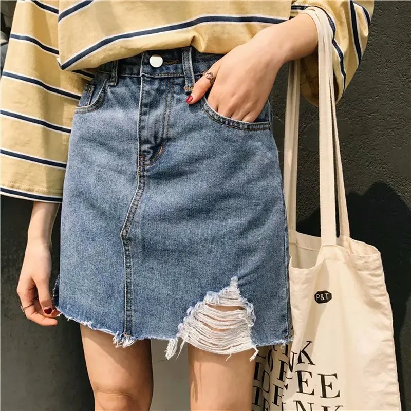 

Summer New Style High-waisted with Holes Denim Skirt Plus-sized Womenswear Size Korean-style Large Size Slimming Skirt A- Line H